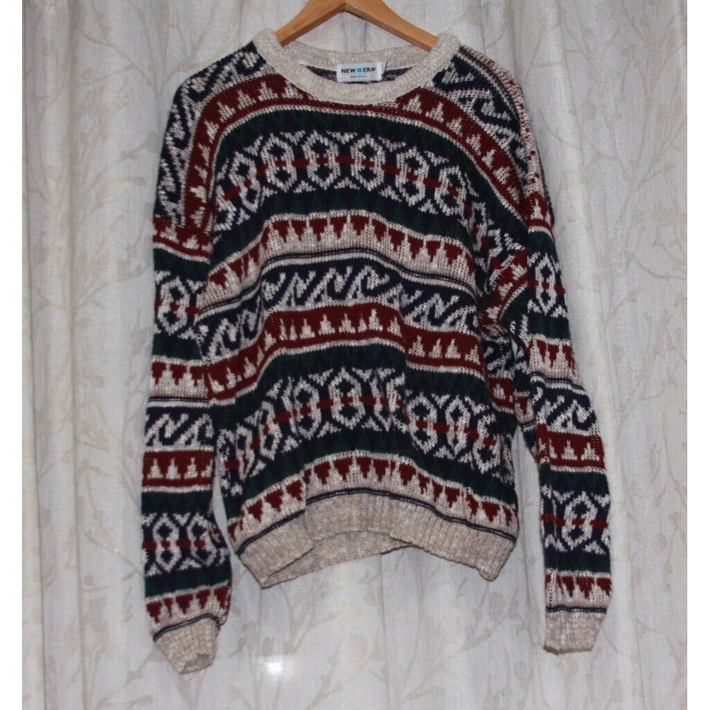 Vintage New Era‎ Sweater Men's L Red-Green-Tan-Blue Made in USA Christmas